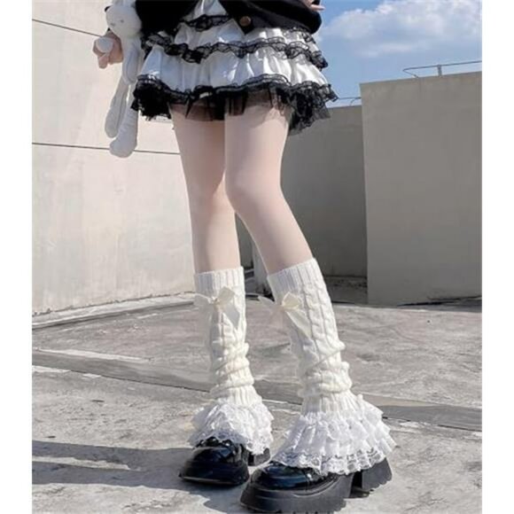 Women's Knit Leg Warmers Y2K Bow Lace Trim Knee High Leg Sleeve Socks - Picture 2 of 6